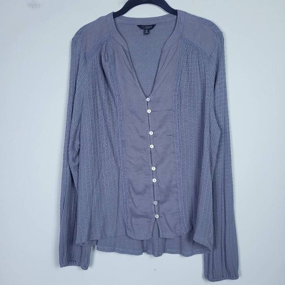 Lucky Brand Womens Knit Button Front Top Sz Large Grey Long Sleeve Boho Peasant - Picture 1 of 6